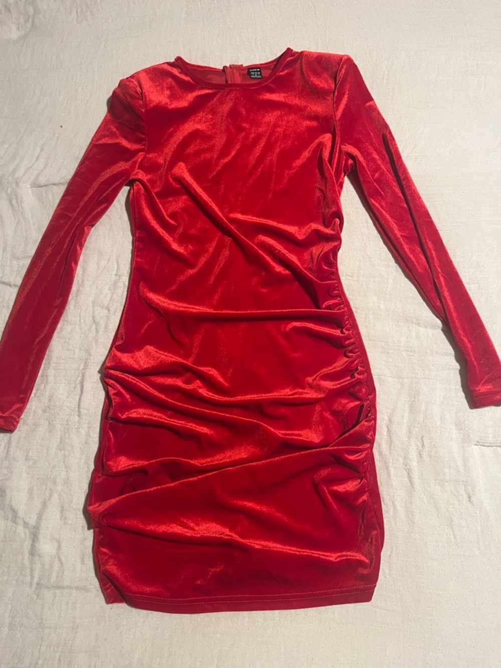 SHEIN Red Velvet Long-Sleeve Ruched Bodycon Dress